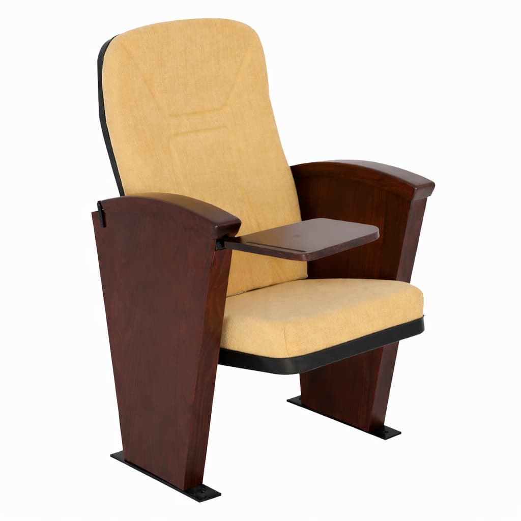Auditorium seating chair with upholstered backrest, wooden arm panels, and foldable writing tablet for conference halls