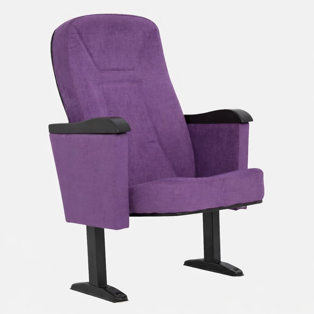 Purple upholstered auditorium seating chair with fixed base and armrests for cinema, theater, and conference halls