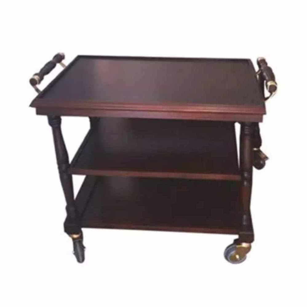 Wooden service trolley with two shelves and caster wheels for hotel room service and restaurant catering