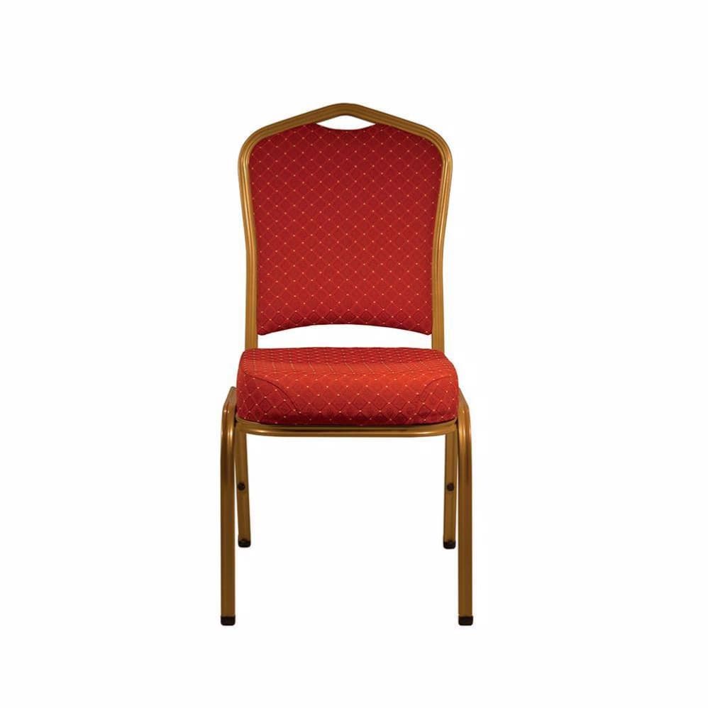 Red upholstered banquet chair with gold metal frame and diamond patterned backrest for hotel and event use