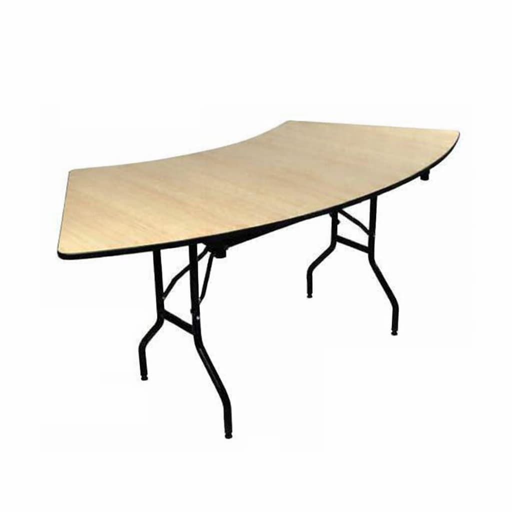 Serpentine wooden banquet table with folding black metal legs for modular hotel and event configurations