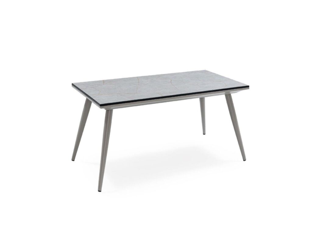 Modern coffee table with marble-effect top and metal legs, ideal for hotel lobby seating areas.