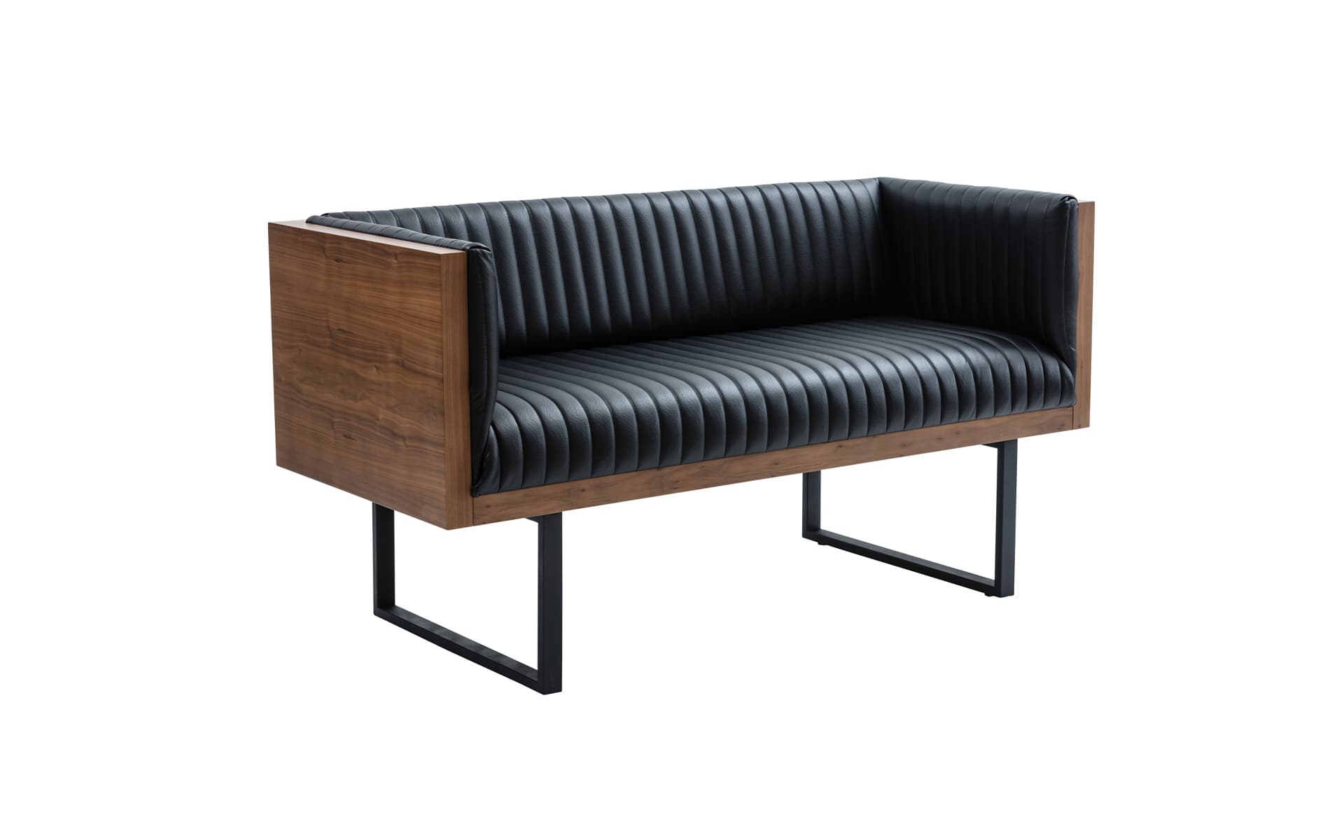 Modern hotel lobby sofa with ribbed dark upholstery, wooden side panels, and minimalist metal legs.