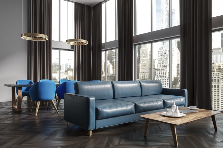 blue sofa and blue dining chairs