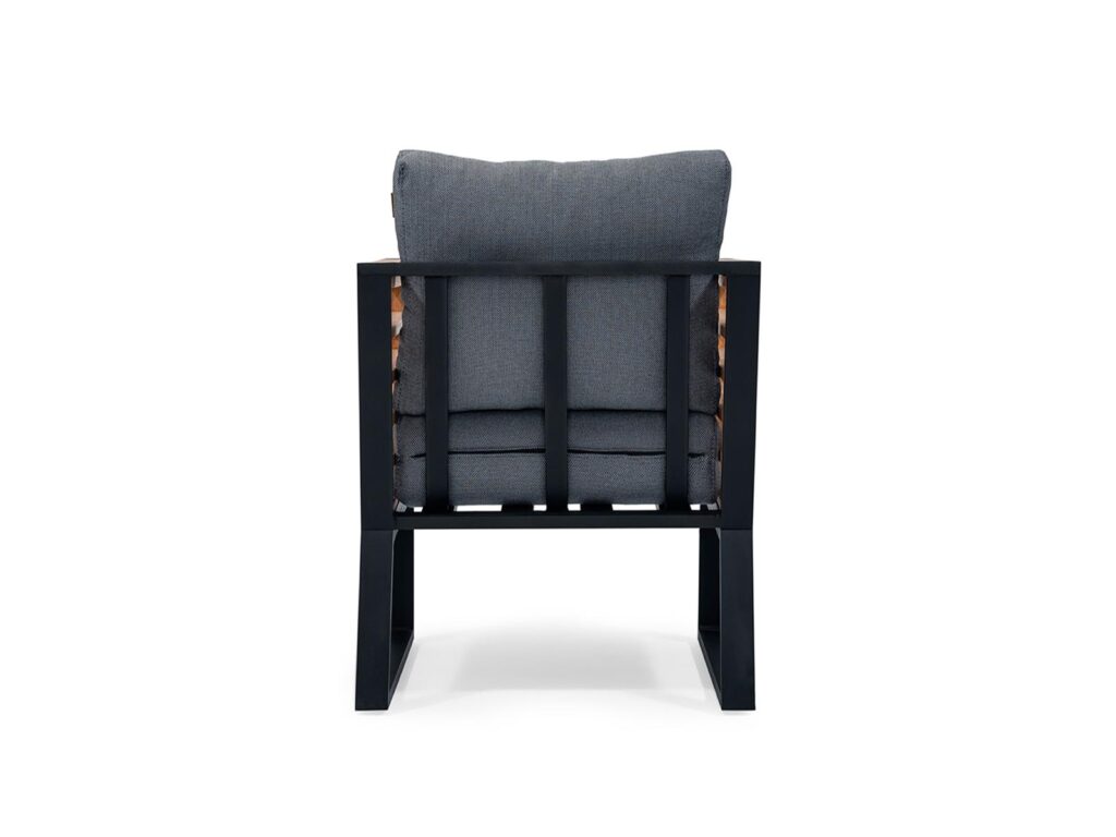 Back view of contemporary lounge chair with fabric upholstery and solid wooden structure.