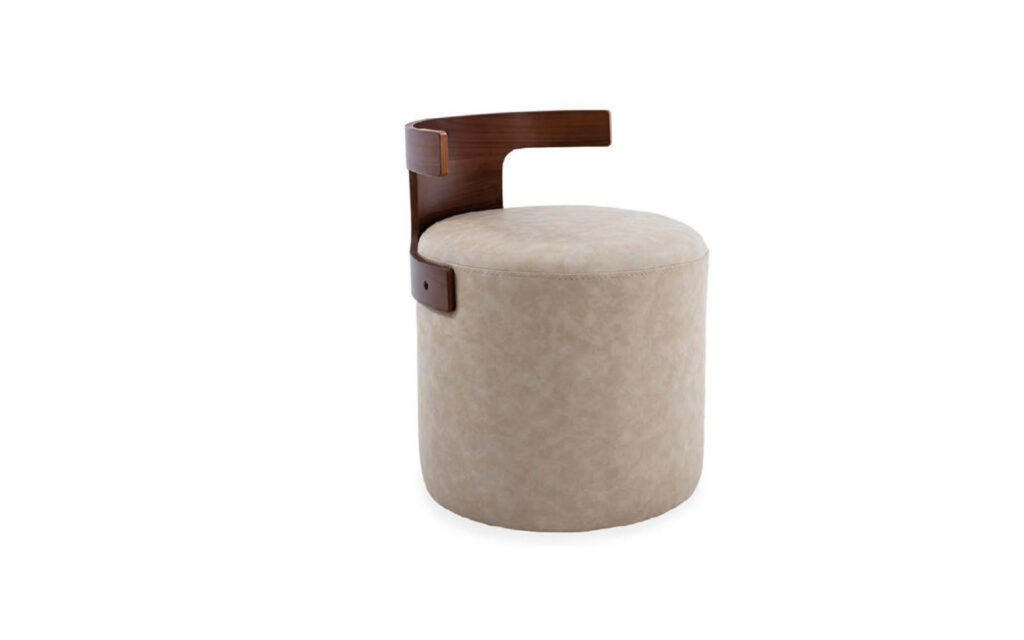 contemporary ottoman pouf featuring a softly upholstered cylindrical body combined with an integrated wooden backrest accent.