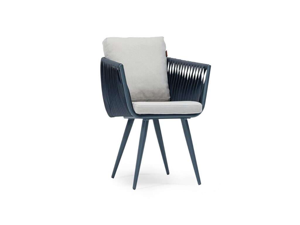 Contract outdoor armchair with rope backrest and upholstered seat for hospitality projects