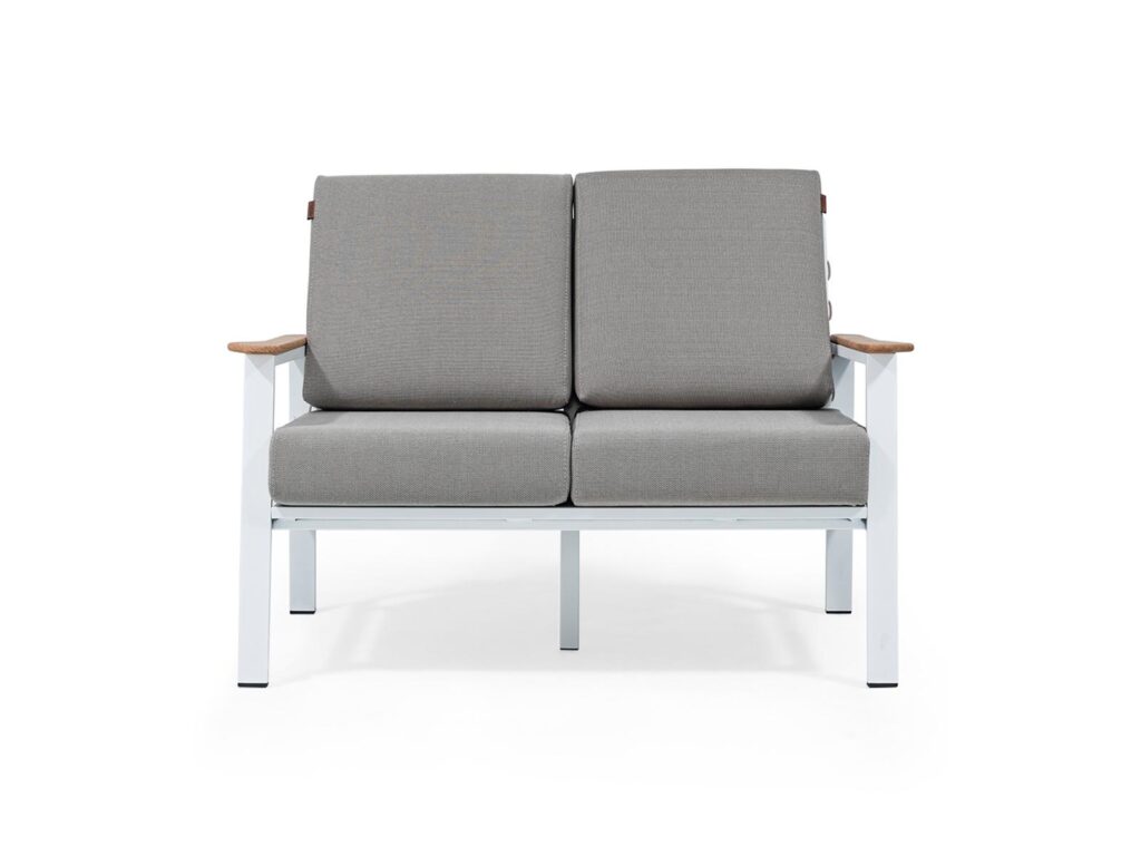Outdoor two-seater sofa for hotel terrace and resort projects with aluminum frame and upholstered cushions