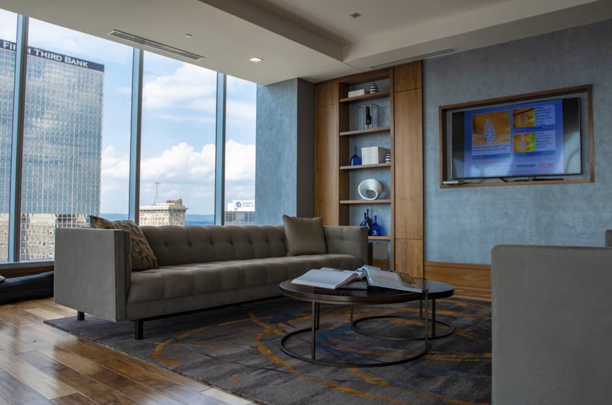 Modern living room with city view