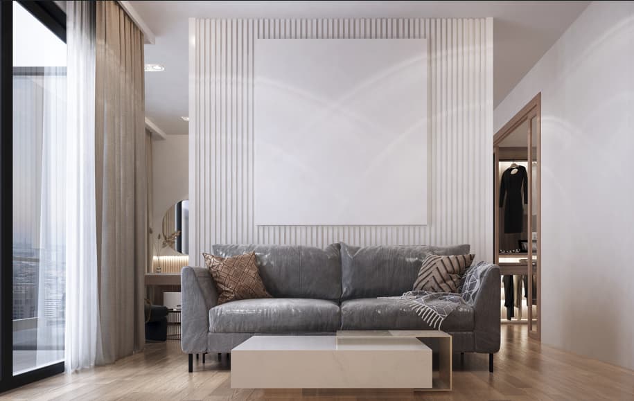 Modern living room with gray sofa