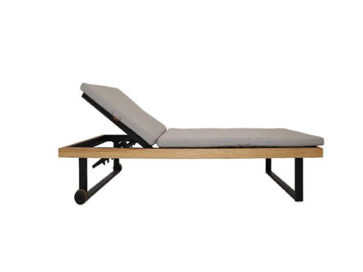 Adjustable wooden sun lounger with cushioned mattress for hotel pool and beach areas