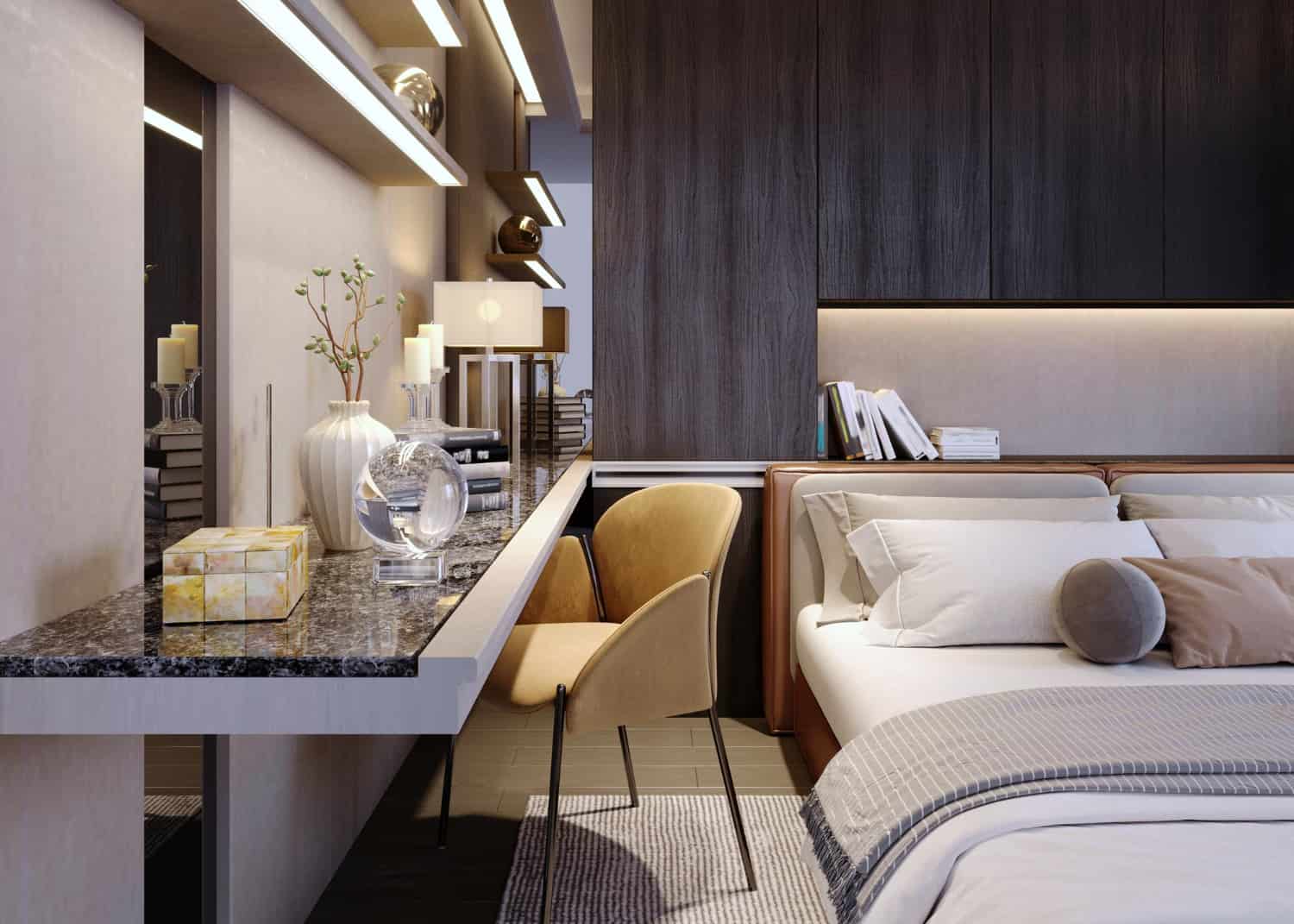 Modern bedroom with stylish furniture.